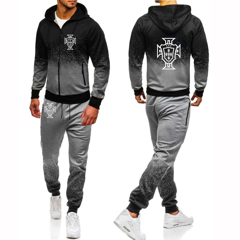 

2023 Spring Autumn Men's Footballer Portugal Logo Print Hip Hop Fashion Hooded Jacket+Sports Trousers Gradient Color Trendy Sets