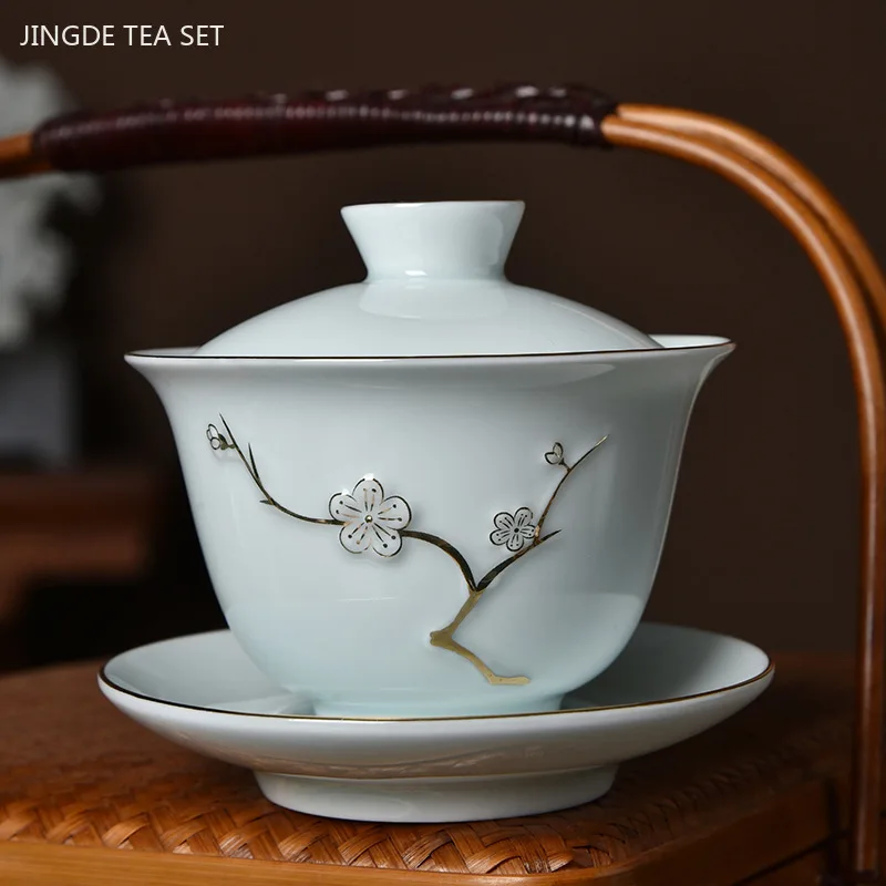 Chinese Celadon Teapot Traditional Handmade Ceramic Gaiwan Teacup Home Beauty Tea Infuser Custom Tea Ceremony Accessories