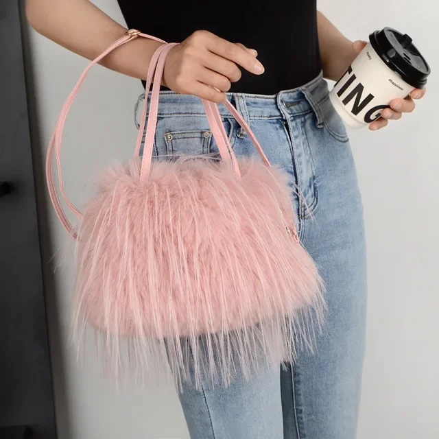 Faux Fur Tassel Women's Handbags Furry Shoulder Bag Sweet Pink Ladies Soft Plush Tote Crossbody Bags Purse Winter Fashion Female