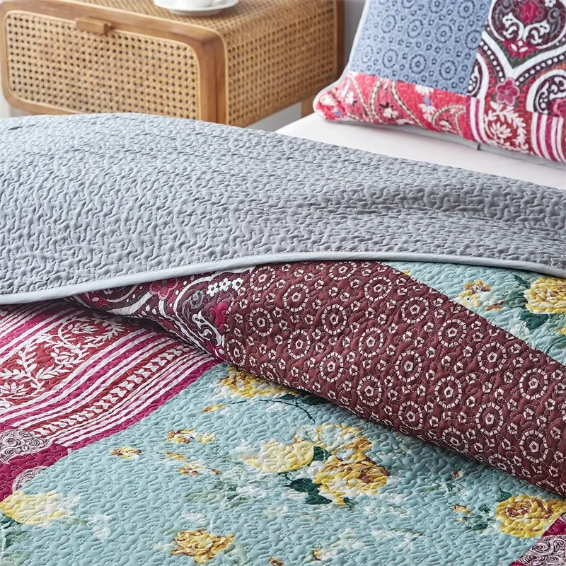 3pcs Set Ultrasonic Wash Cotton Printed Pastoral Quilted Bedspread Soft Breathable Bedsheet 2 pcs pillowcase