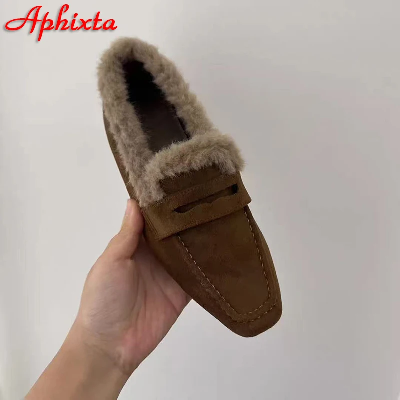 Aphixta Warm Furry Loafers Flat With Women Shoes Short Plush Slip On Sewing Leopard Pointed Toe Flats Autumn Winter