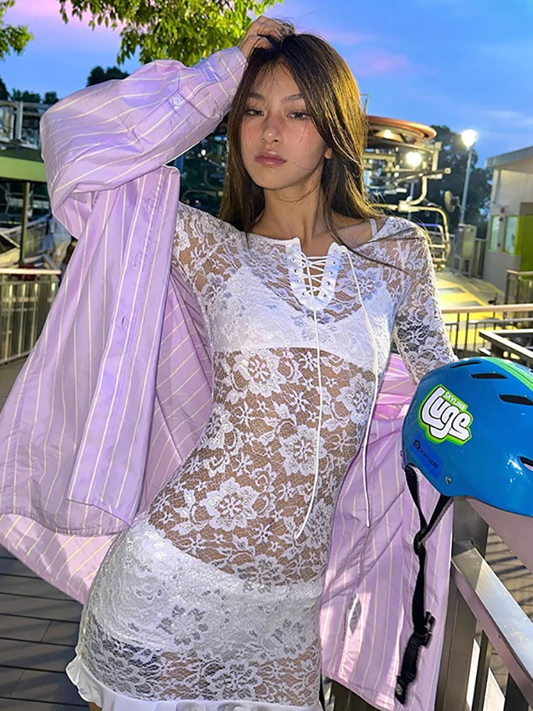 Fantoye Sexy See Through Lace Women Dress White Off Shoulder Flare Sleeve Dress Female Spring Slim Elegant Party Streetwear 2025