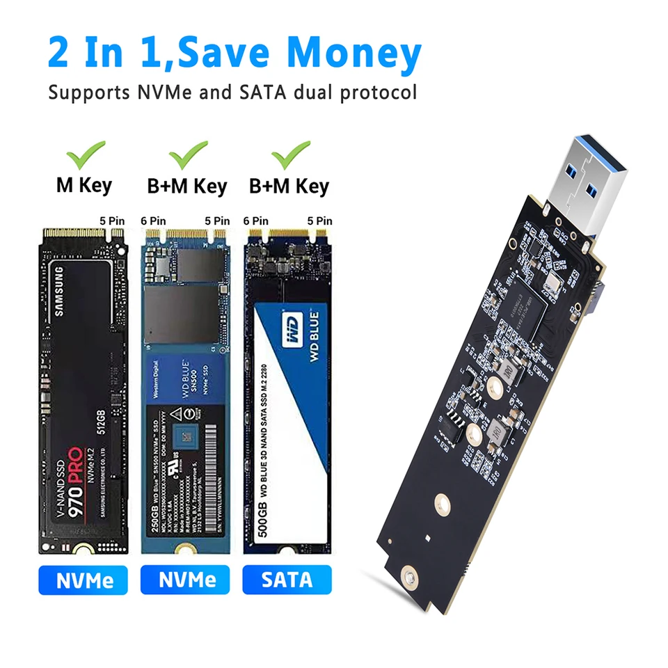 Boîtier SSD M.2 NVMe Externe USB 3.2 Gen2 – 10 Gbit/s, Aluminium – Compatible 2230/2242/2260/2280, Jusqu'à 2 To