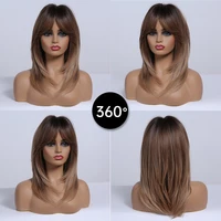 EASIHAIR Brown Layered Medium Length Synthetic Wigs with Long Bangs Natural Short Hair Wig for Women Daily Party Heat Resistant 3