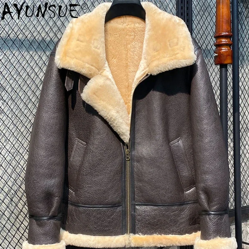 

AYUNSUE Genuine Leather Jacket Men Nature Sheepskin Real Wool Fur Coat Male Flight Suit Coats Winter jackets De Cuero Genuino