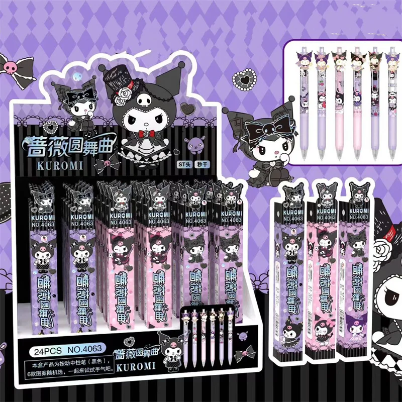 

24 pcs/lot Sanrio Kawaii Kuromi Press Gel Pen Cute 0.5mm Black Ink Neutral Pens Promotional Gift Office School Supplies