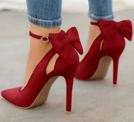 Women Pointed Toe High Heels Woman Thin Heels Ladies Sexy Pumps Ladies Buckle Strap Female Fashion Bowknot Shoes Plus Size 34-43