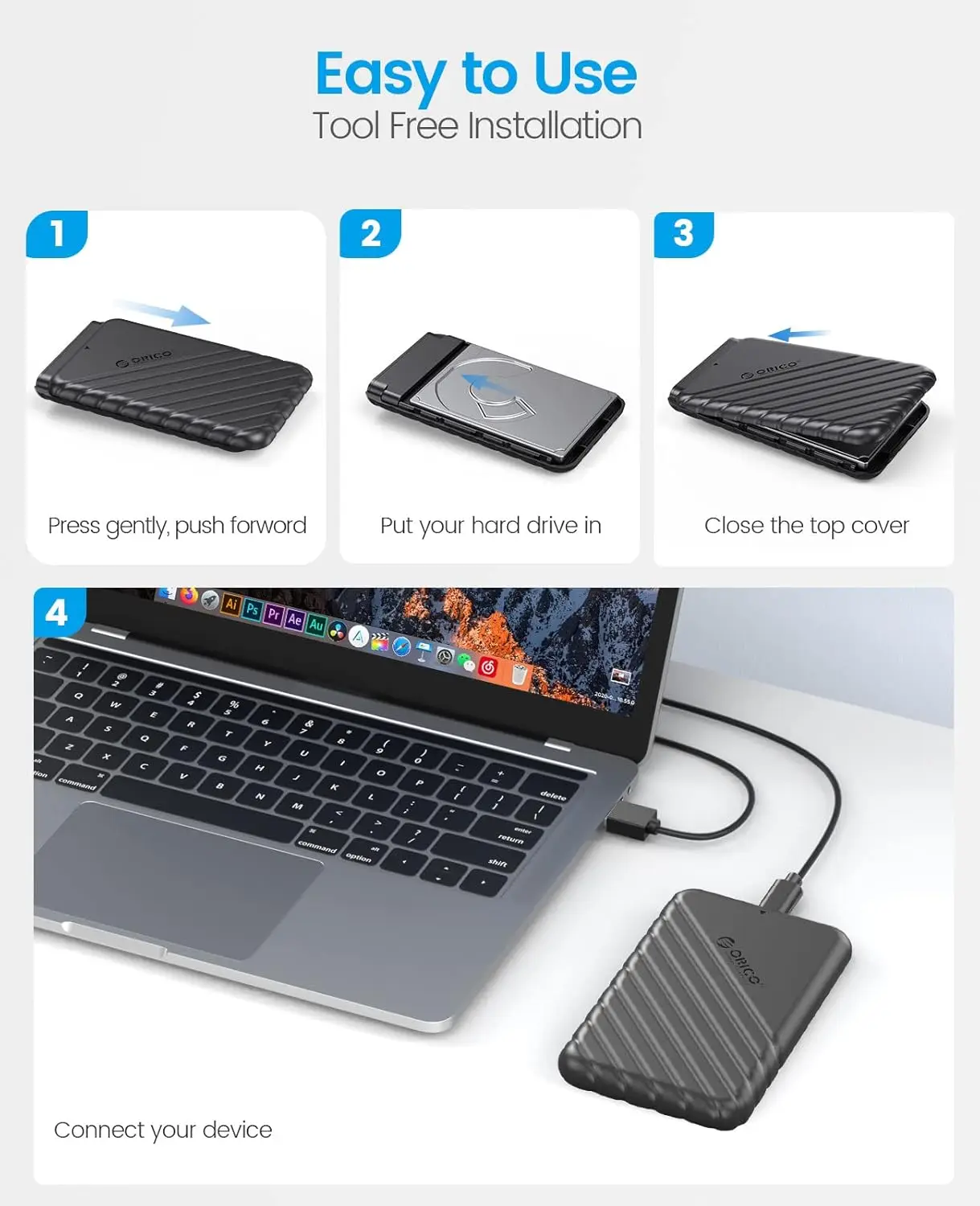 ORICO 2.5인치 외장 하드 드라이브 케이스 USB C to SATA III 7mm 및 9.5mm SATA HDD SSD용 USB 3.0 하드 드라이브 케이스