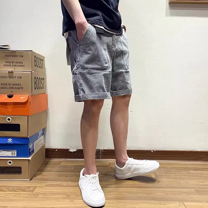 Summer Slim Fashionable Denim Shorts Korean Version Men Travel Banquet Loose Straight Tube Comfortable Breathable Striped Shorts