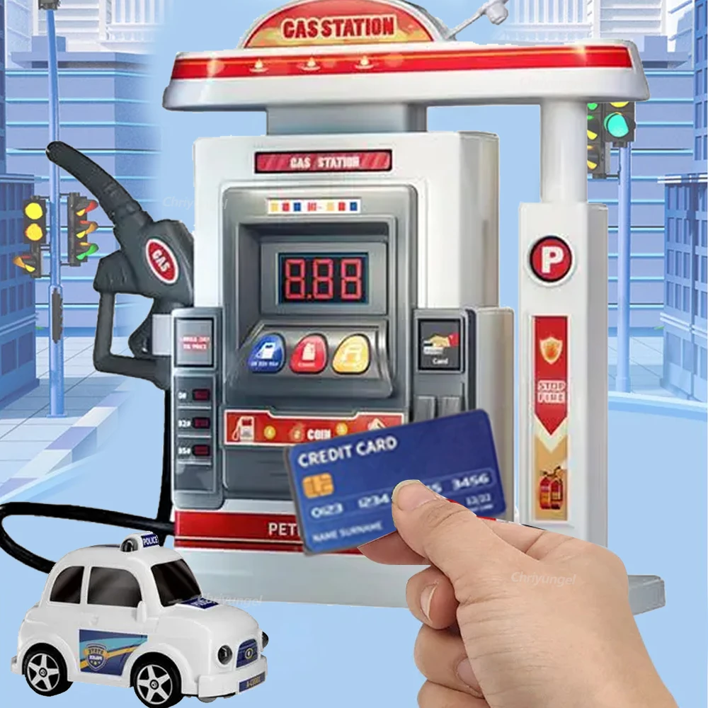 Gas Station Toy for Kids Simulation Gas Pump Toy Model with Spray Car Set Pretend Play Educational Toys Gifts for Boys Girls 6