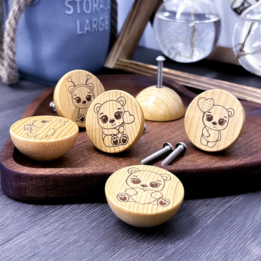 Description Picture 2 of itemSet of 6 Handmade Beech Wood Knobs with Engraved Cute Bear Pattern for Kitchen Cabinets Pulls Dresser Drawers Knobs