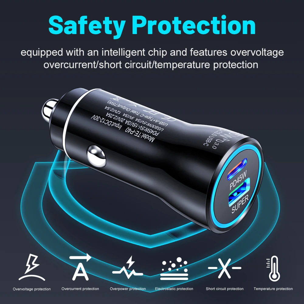 Dual Port 45W Fast Charging Car Adapter with Blue LED