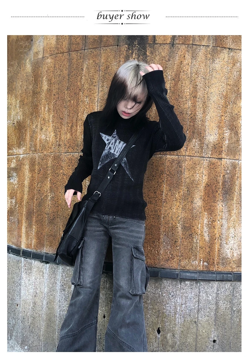 Karrcat Grunge Aesthetics Star Print Strickoberteile Trashy Y2k Langarm Strick-T-Shirt Vintage Gothic Strickwaren American Retro 90er Jahre – Detail 2
