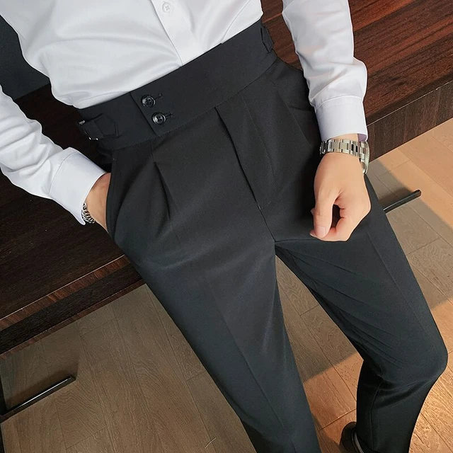 Men Bermuda High Waist Casual Suit Pants Straight Trousers Buckle Pants