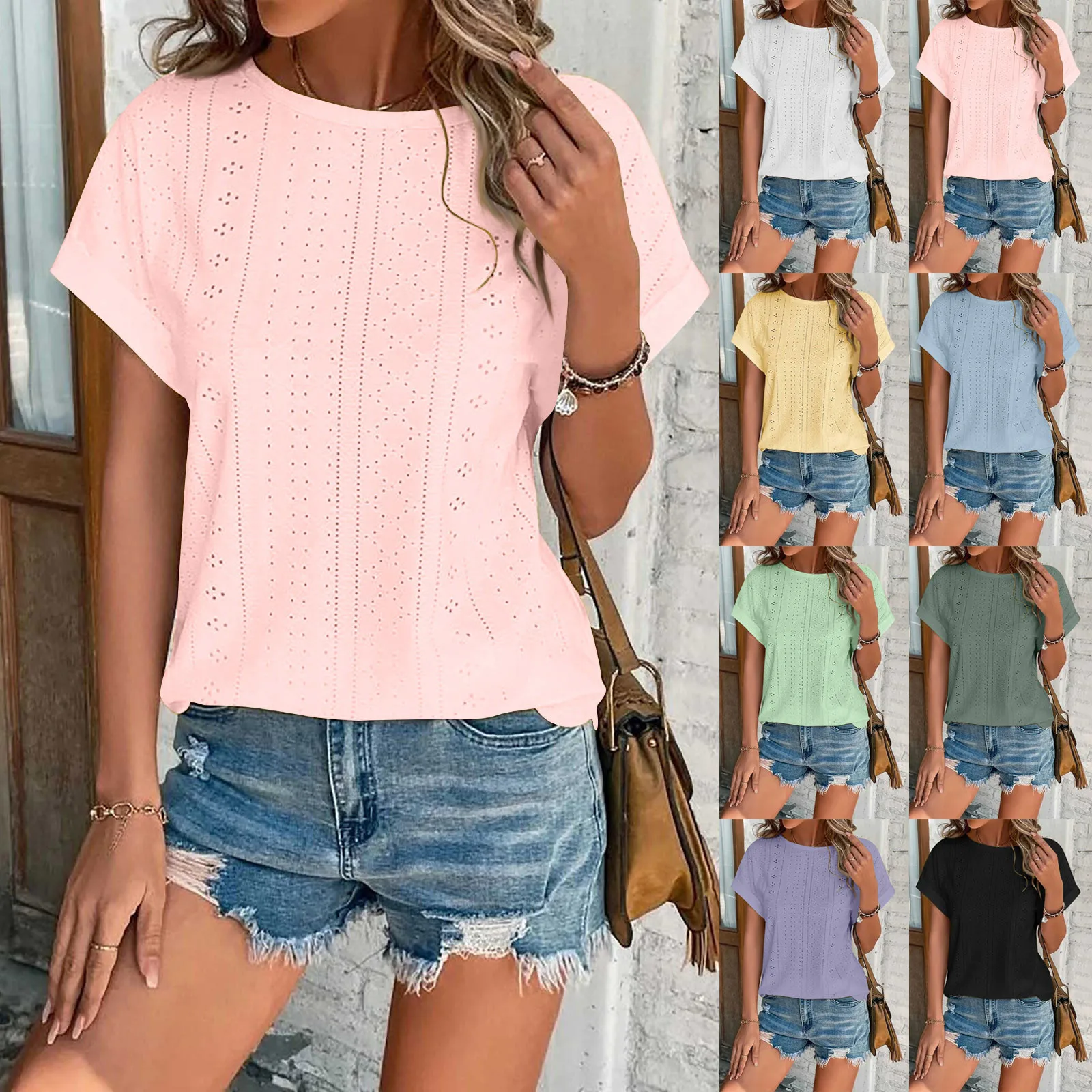 

Summer Women's Round Neck Solid Color Irregular Pleated Short Sleeve Lightweight Street Style Solid Color T-Shirt Top Camisetas