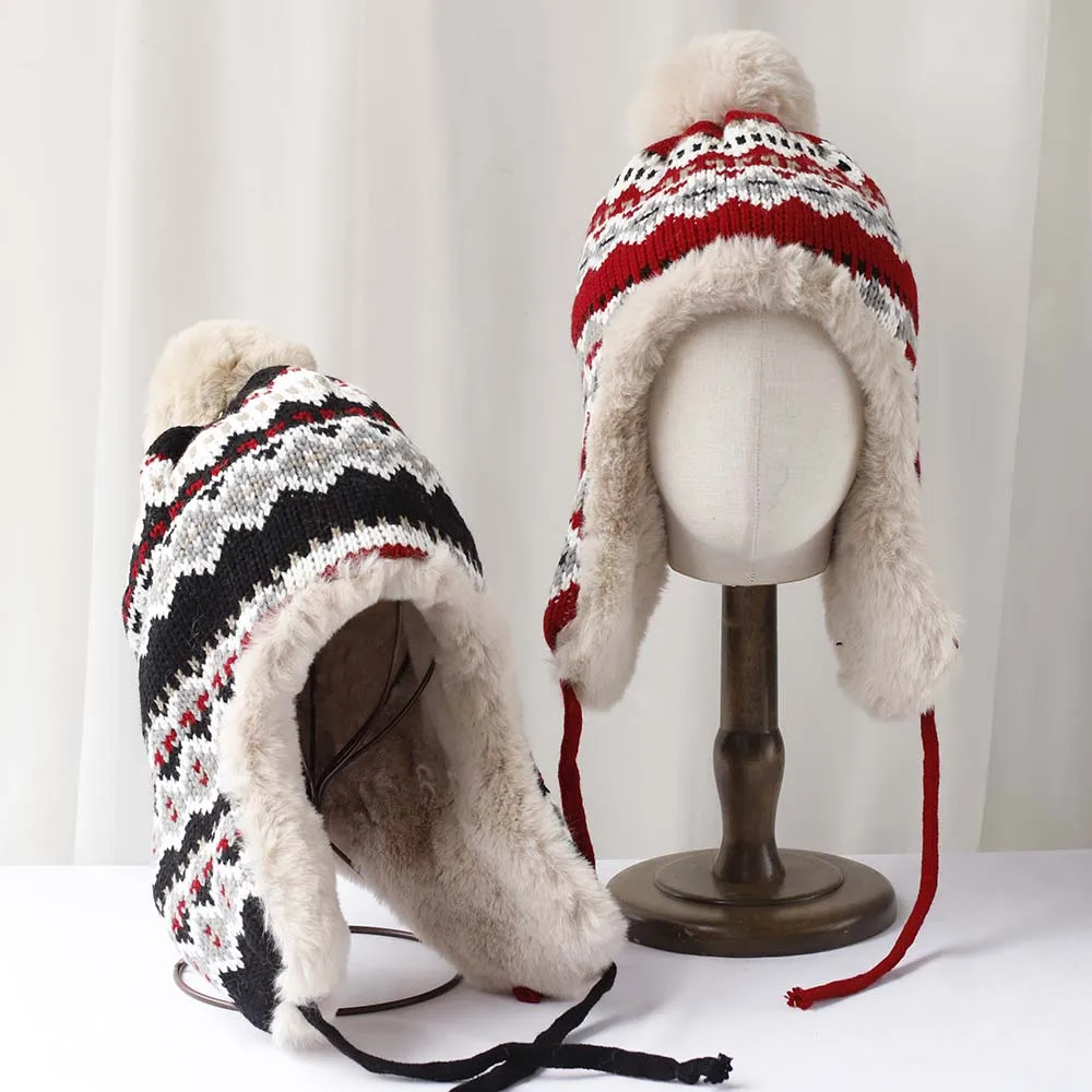 Winter Warm Bomber Hat Thermal Knitted Thick Fleece Earflap Hat Plush Windproof Women Winter Outdoor Travel Hiking Ski Hat