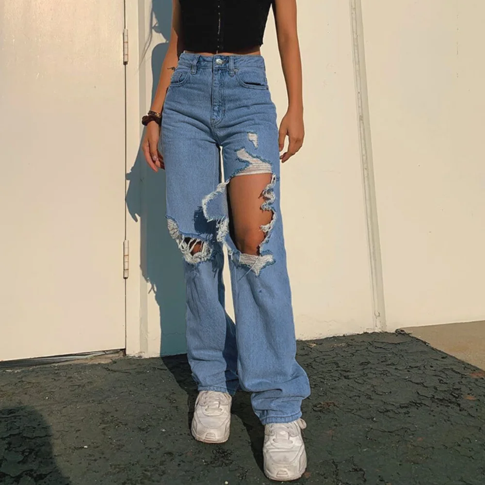 Missnight女性のためのジーンズ女性のジーンズ穴ハイウエストだぶだぶのジーンズ中空アウトタッセルデニムストレートズボンジッパーフライ Aliexpress レディース衣服