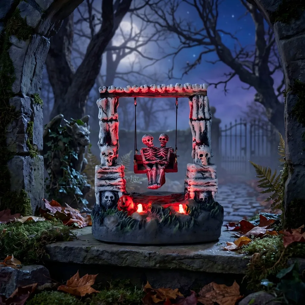 Halloween-Deko: Schwingendes Skelett-Paar, LED-beleuchtete Grusel-Dorf-Statue, animiertes Geisterfest-Tischdekor