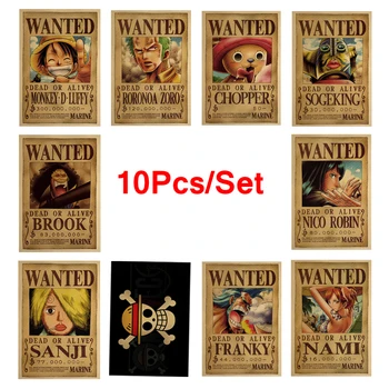 10Pcs Set One Piece Luffy Kraft Paper Bounty Poster Zoro Nami Nico Figures Anime Decorative Painting Wanted Posters Kid Toy Gift