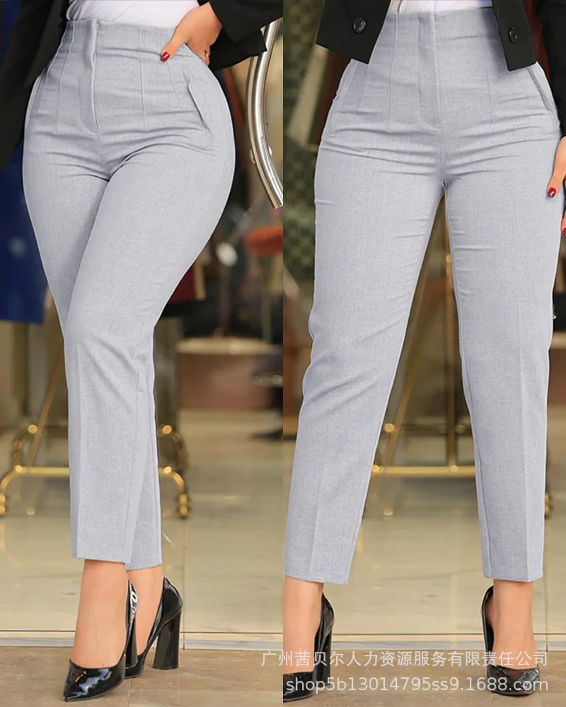 Pantalones de trabajo recortados de cintura alta para mujer, moda