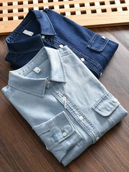 American Retro Men's Workwear ket Denim Long Sve irt Loose Casual Spring Autumn Trendy Brand Versatile Men's irt