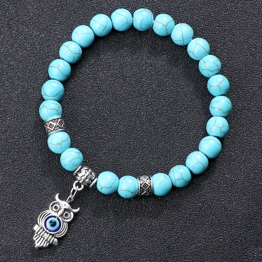 

New Fashion Natural Blue Stone Beads Charm Bracelets For Women Men Blue Natural Stone Turtles Owl Beads Bracelets Couple Jewelry