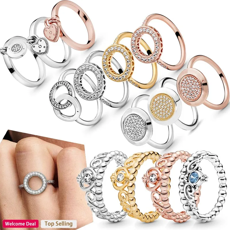 Original Women's 925 Silver Popular Classic Pav é Dense Set Shining Ring Logo Love Heart Padlock Ring DIY Crown Charm Jewelry blank sublimation jewelry box lock padlock round heart square shape heat transfer printing can ink print photos diy new styles