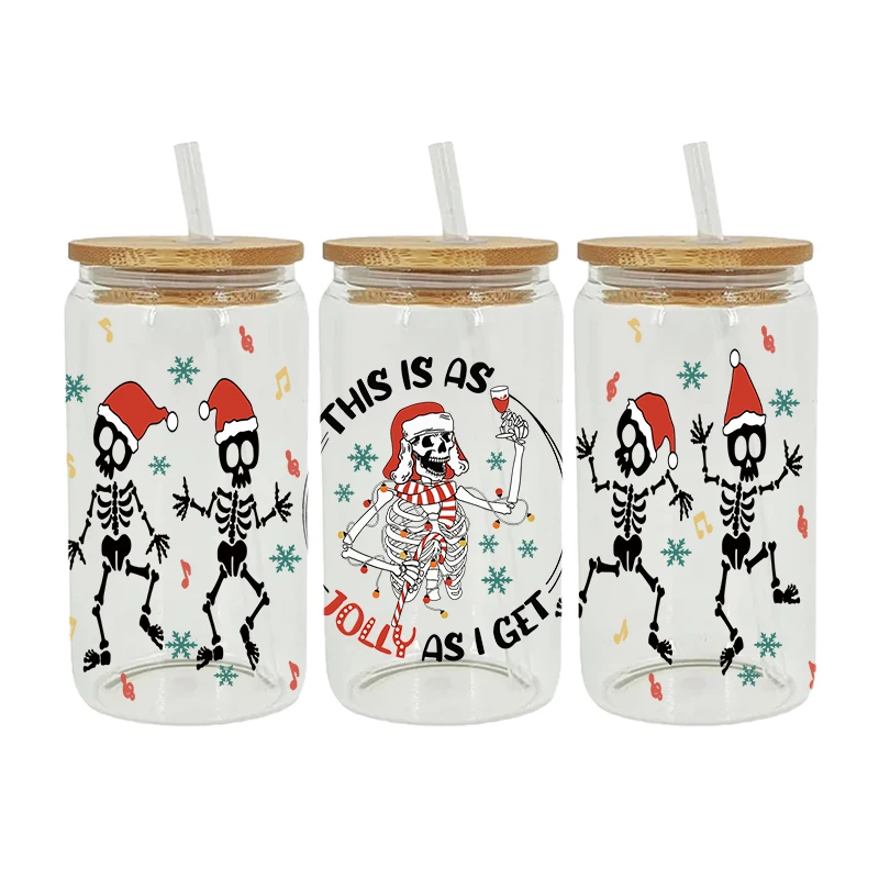 3D UV DTF 전송 스티커, 크리스마스 테마, 16oz Libbey 안경 랩 컵, DIY 방수, 쉬운 D4607