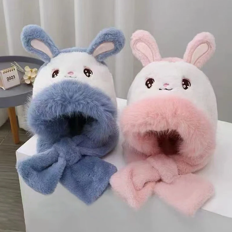 Cartoon Rabbit Baby Plush Hat Scarf Winter Fluffy Fur Ear Protection Cap for Toddler Cute Bunny Ear Kids Boy Girl Beanie Caps 2