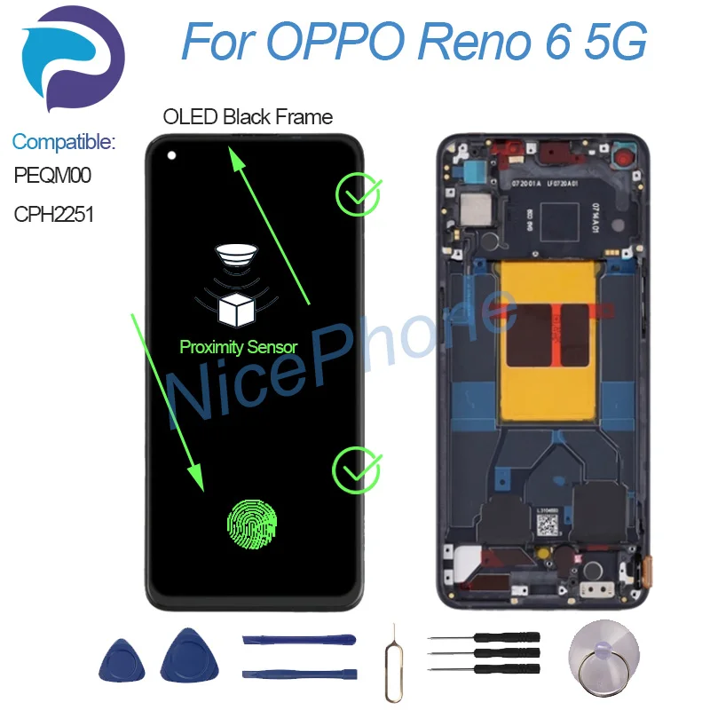 OLED Voor Oppo Reno6 5G Lcd scherm Voor Oppo Reno 6 Scherm Vervanging Voor Oppo Reno6 Touchscreen CPH2251 Digitizer Met Frame (zwart, Met Vingerafdrukherkenning