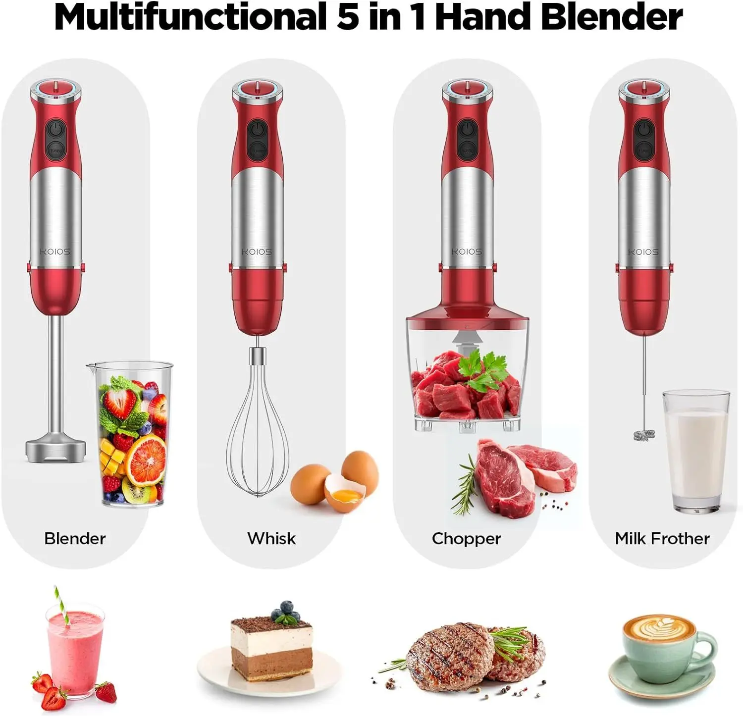 5-in-1 Hand Immersion Blender, 1000W 12 Speed Handheld Blender, Copper Motor Stainless Steel Blade Stick Blender,600ml Mixing Beaker,500ml Food Processor, Whisk, Milk Frother, BPA-Free, Red 4