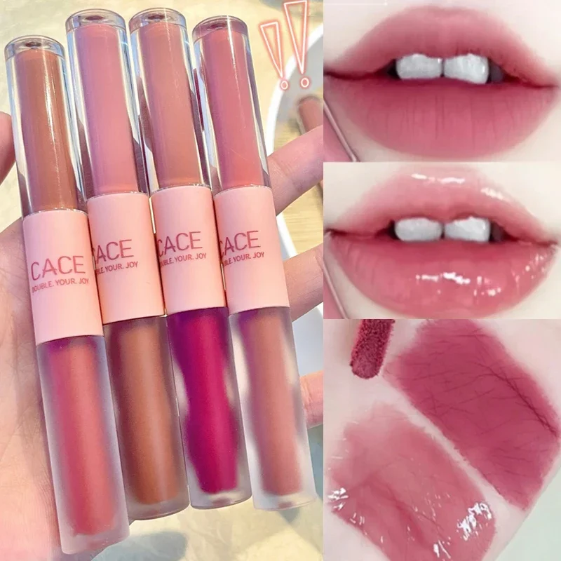 Double Head Lip Gloss Matte Mirror Water Antiaderente Cup Waterproof Lasting Moisturizer Liquid Lipstick Lip Glaze Makeup Cosmetics