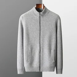 RONGYI Fall/Winter New 100% Merino Wool Men's Cardigan Sweater With Half-High-Neck Zipper Solid Color Knitted Padded Coat Jacket