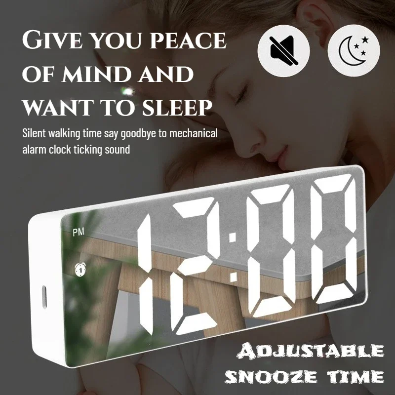 Digital Wall Clock with Voice Control, LED Mirror Display, Adjustable Brightness, Modern Home Decor Desk Alarm Clock for Bedroom