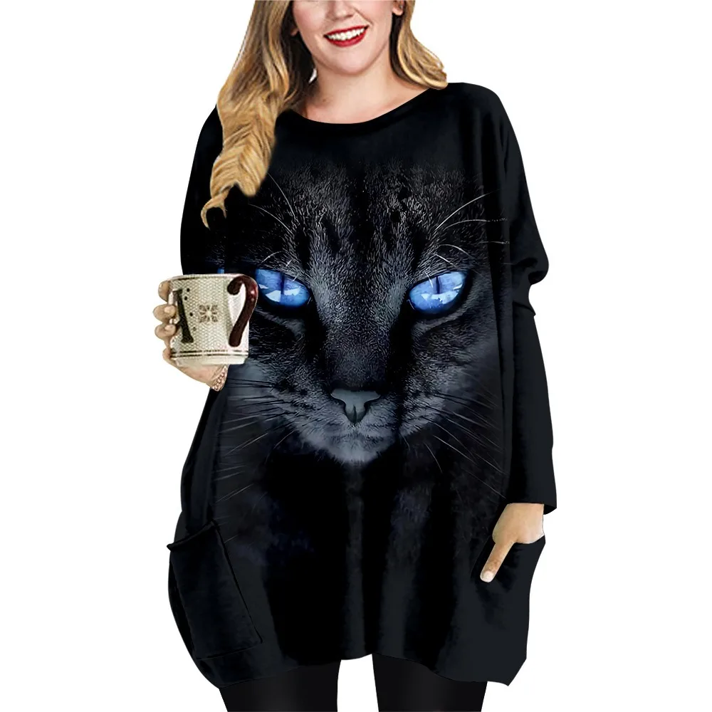 

Animal Cat Print Dress Fashion Women O Neck Casual Loose Party Dress Harajuku Cartoon Oversized Clothing Cute Vestidos Elegant
