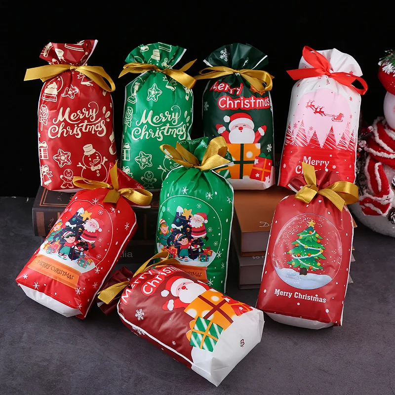 10Pcs/Lot Christmas Plastic Bags 15x23cm Nice Watch Jewelry Packaging Bags Party Favor Boutique Candy Gift Bag With Drawstrings 10x14 13x18 lavender embroidery bag jewelry packaging bag wedding party candy bags favor pouches drawstring gift bags 10pcs lot