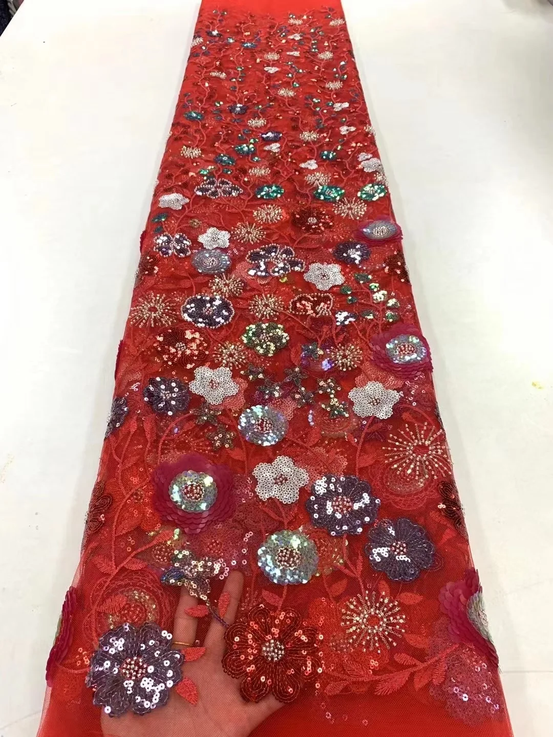 

2023 High Quality African 5 Yards Red Net Lace Fabric French Bridal Luxury Embroidery Beaded Sequins Lace Fabric For Wedding