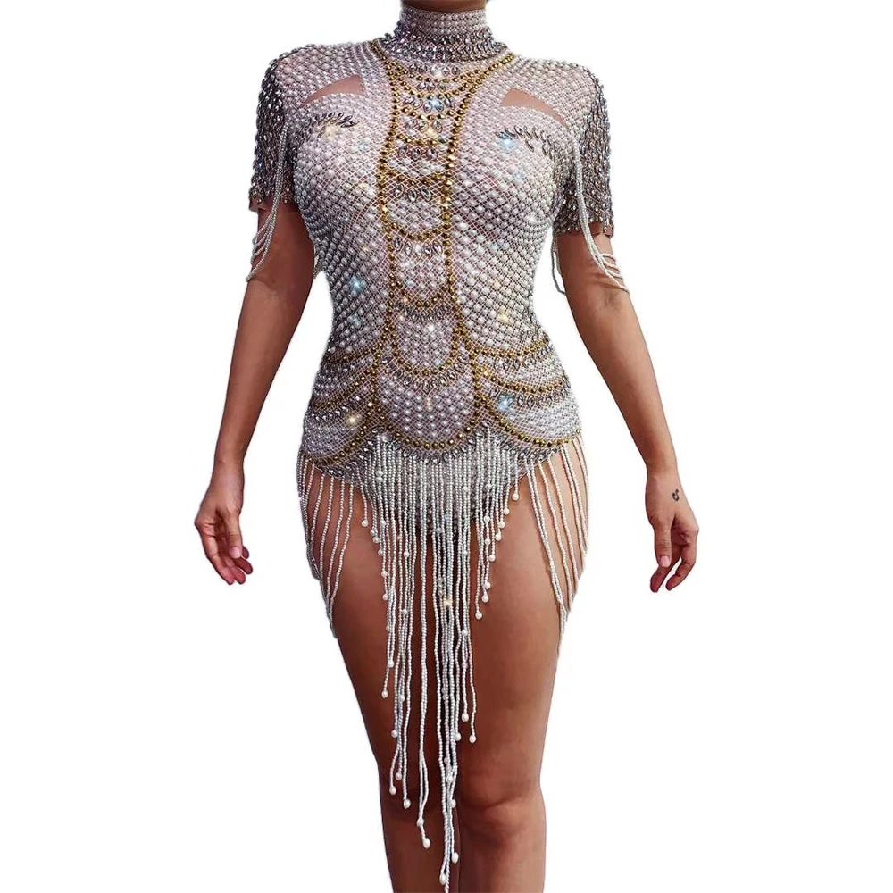 

Sparkling Rhinestones Pearls Beaded Tassel Bodysuits Mesh Perspective Women Jumpsuits Singer Dancer Stage Wear DS Costumes