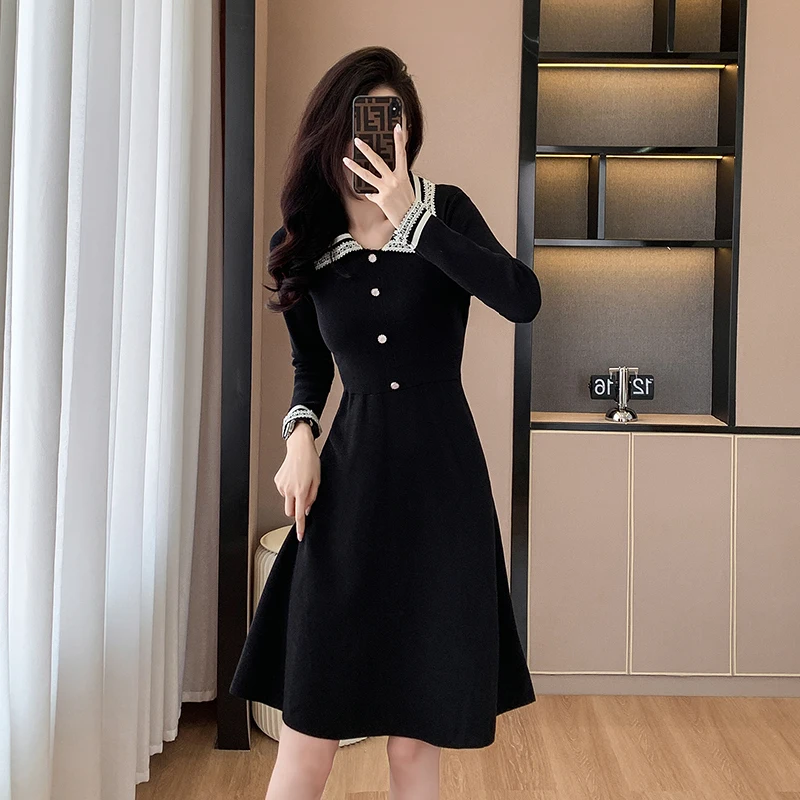 

Fall Winter Black Knitted Dress Elegant Women 2023 Korean Lace Collar Splicing Slim Long Sleeve Knit Dress Sweet Pink Knit Dress