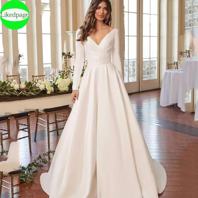 

Simple Satin Wedding Dresses For Women2023 Sexy V-Neck Bride Long Sleeve Vestidos De Novia Chaple Train Mariage Abito Da Sposa