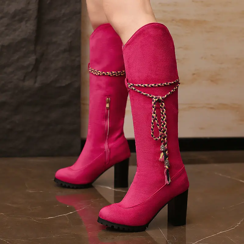 

Женские сапоги до колена, розово-бежевые сапоги больших размеров 33-50 в западном стиле, богемные сапоги на блочном высоком каблуке с бахромой и перекрестной шнуровкой