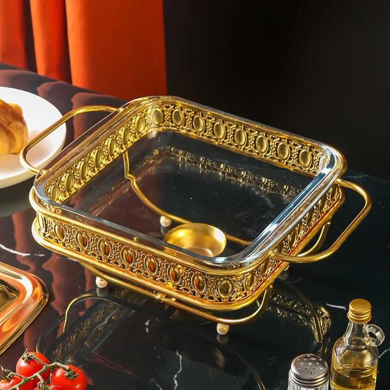 Glass buffet stove square 1.8L golden food heating container glass chafing dish 4