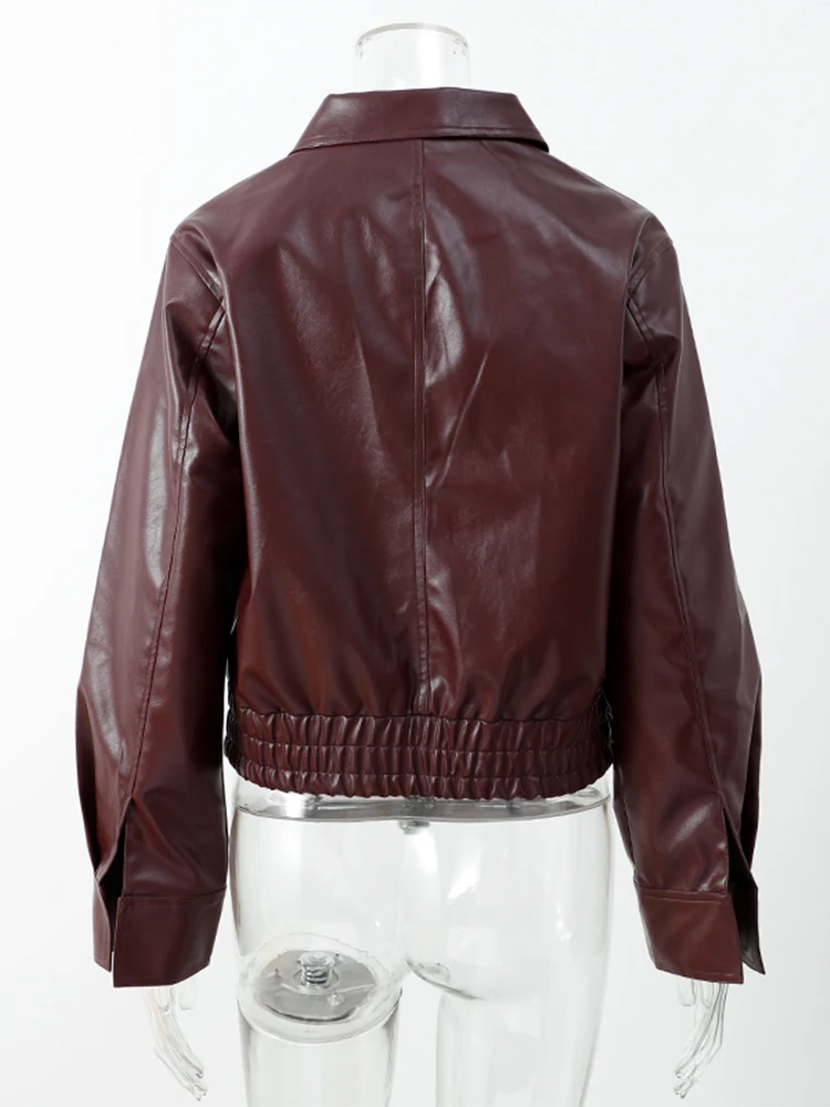 Women Fashion Solid Pu Leather Zipper Coat Retro Turn Down Collar Long Sleeve Outwear 2024 Autumn Female Chic Motorcycle Jackets 6