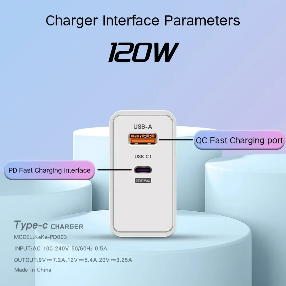GaN Fast Charging 120W USB C Charger Quick Charge 3.0 for iPhone Samsung Xiaomi Redmi 6A Type C Cable Mobile Phone Wall Adapter