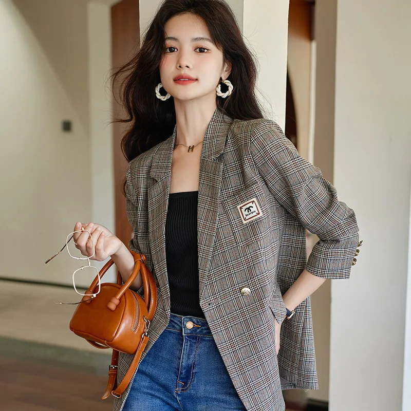 Vintage plaid small suit jacket for women Women's jacket women's blazers blazer for women coat 2023 spring and autumn new high-g