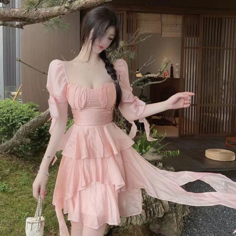 2023DressesForWomenTierredRufflesPinkTemperamentFairyDress