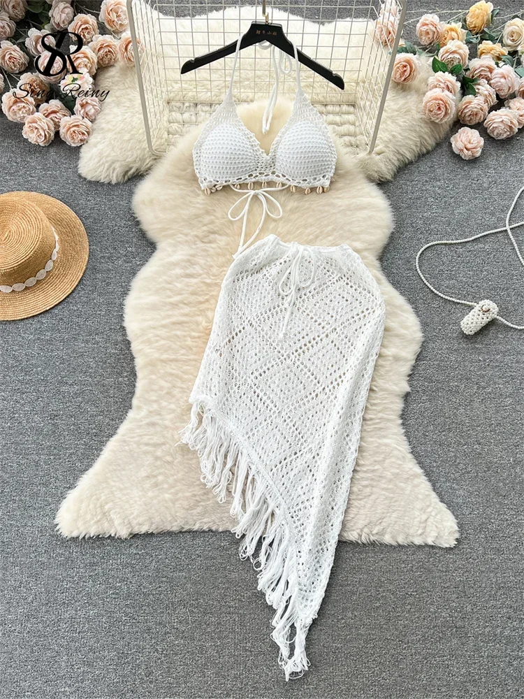 2024 New Vacation Sexy Suits Strapless Halter Backless Bikini+Drawstring Tassel Skirt Women Beach Knitted Two Pieces Suits