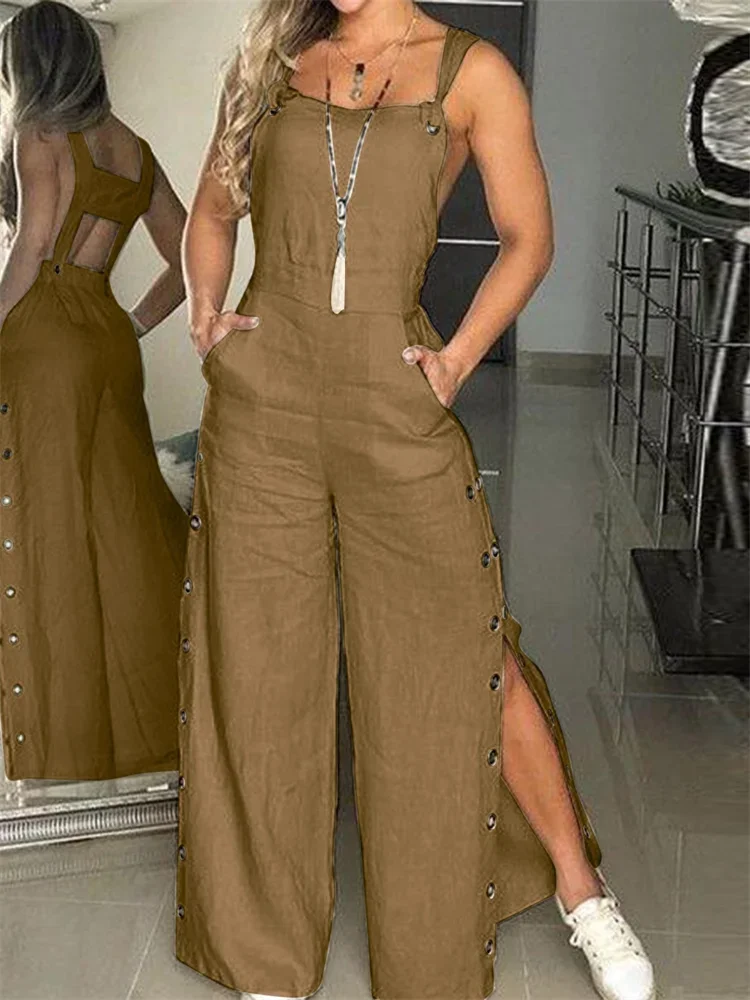 Wmstar Jumpsuit Women Clothing Slip Sleeve Romper Button Side Slip Hem New in Fall Fashion Pockets Pants Wholesale Dropshipping