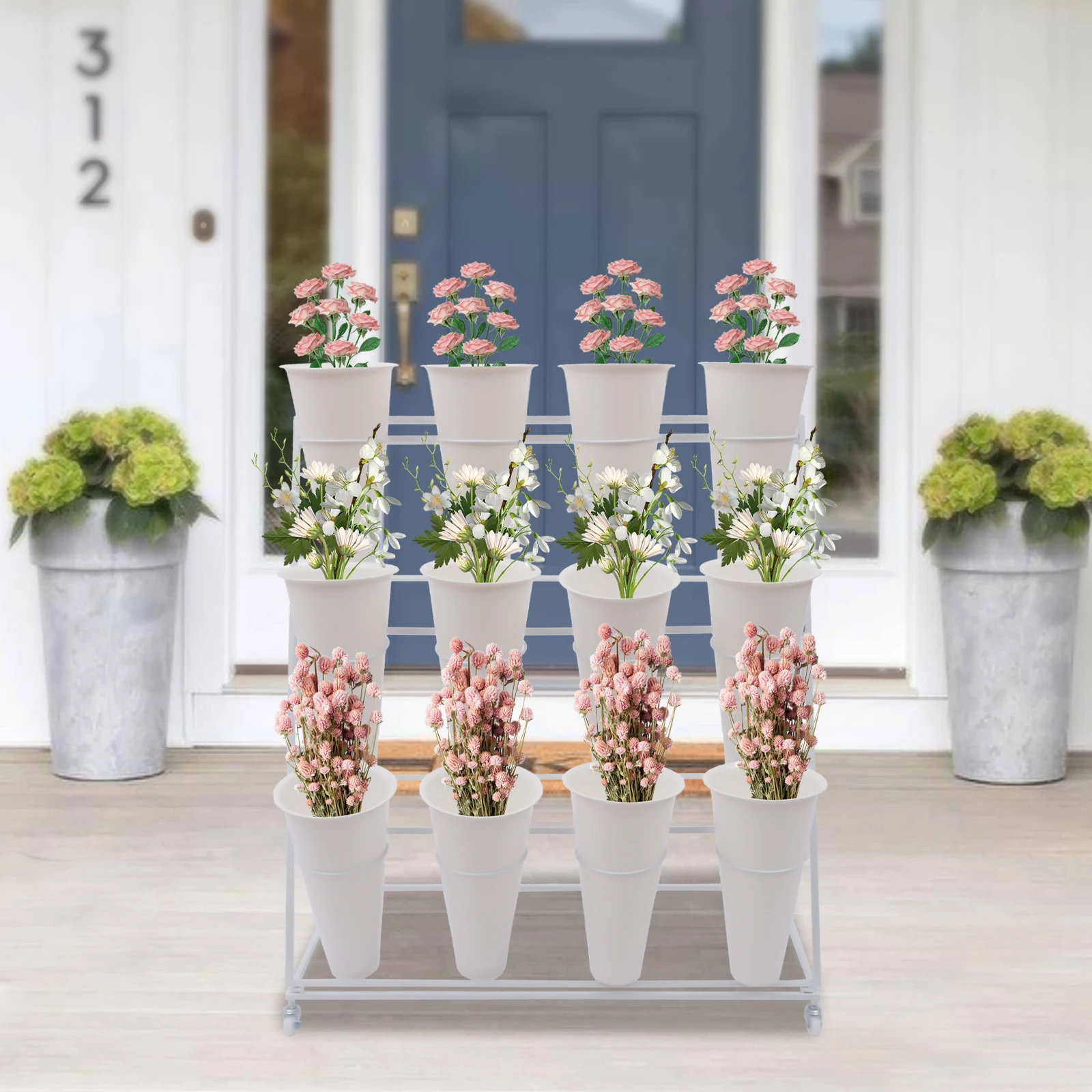 3 Layers Metal Plant Stand with Wheels,Modern Plant Shelf with Flower Bucket,Indoor Outdoor Flower Display Stand Rack