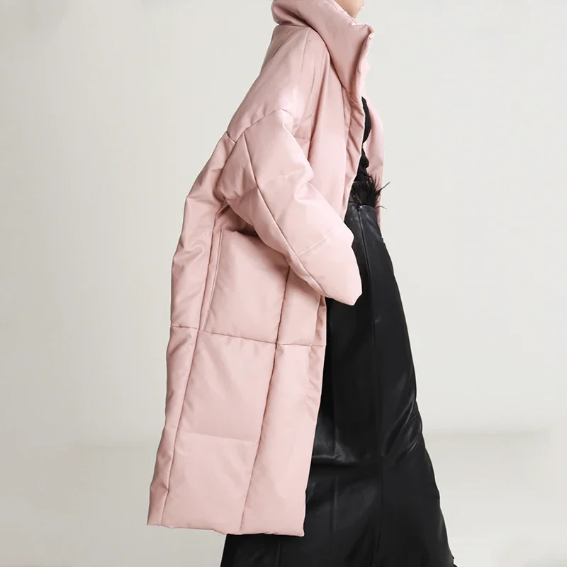 Pink Protein Leather Mid-Length down Jacket Winter Stand Collar Profile Leather Coat Thickened Coat for Women